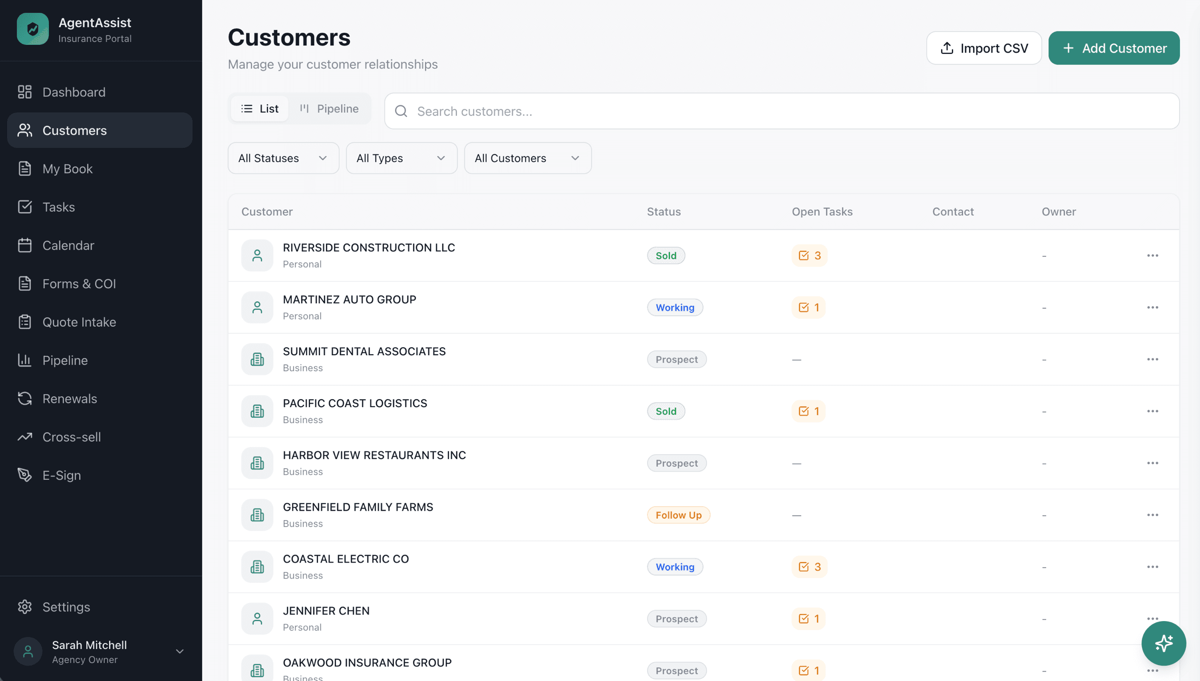 Customer list with status tracking